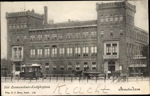 Ak Amsterdam Nordholland Niederlande, Het Zeemanshuis Kadijksplein, Pferdestraßenbahn