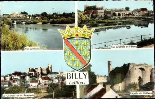 Wappen Ak Billy Allier, Facade du Chateau, Les Remparts, Vue generale et l'Etang