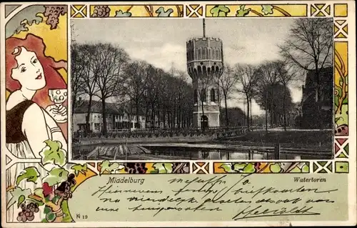 Jugendstil Passepartout Ak Middelburg Zeeland Niederlande, Watertoren, Wasserturm