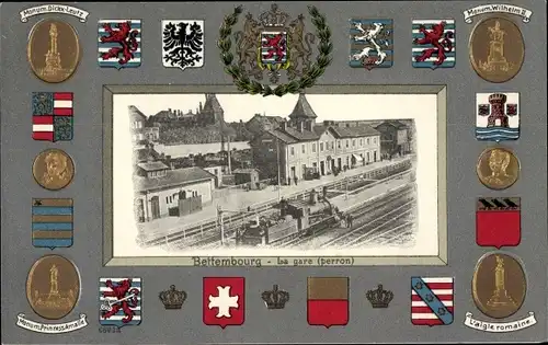 Präge Wappen Passepartout Ak Bettemburg Bettembourg Luxemburg, la Gare, perron