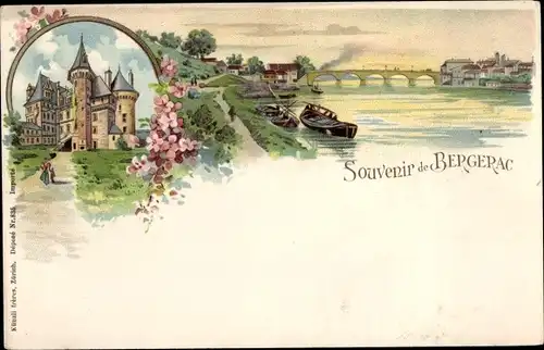 Litho Bergerac Dordogne, Chateau, pont