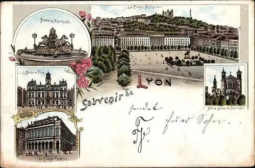 Litho Lyon Rhône, Place Bellecour, Notre Dame de Fourviere, Grand Theatre, Hotel de Ville, Fontaine