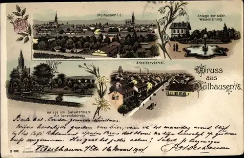 Litho Mulhouse Mülhausen Elsass Haut Rhin, Salvatorplatz, Genovefakirche, Arbeiterviertel, Panorama