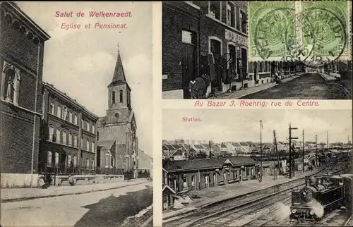 Ak Welkenraedt Wallonien Lüttich, Eglise, Pensionat, Rue du Centre, Au Bazar, Station
