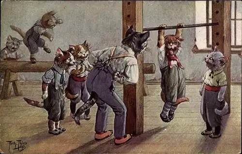 Künstler Ak Thiele, Arthur, Vermenschlichte Katzen, Turnübung