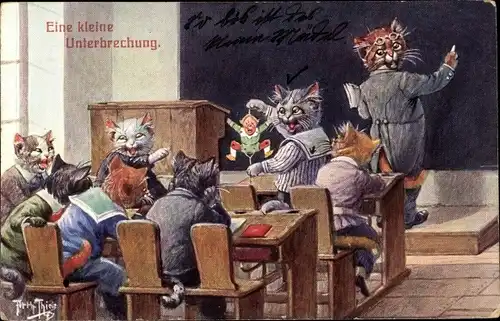 Künstler Ak Thiele, Arthur, Vermenschlichte Katzen in der Schule, Hampelmann