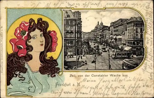 Jugendstil Passepartout Ak Frankfurt am Main, Zeil, von der Constablere Wache aus, Straßenbahn