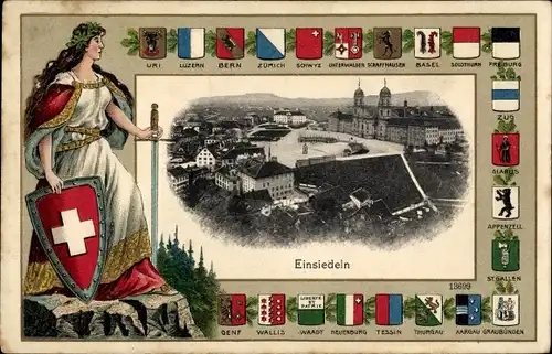 Präge Wappen Ak Einsiedeln Kt. Schwyz Schweiz, Teilansicht der Stadt, Bern, Zürich, Basel, Appenzell