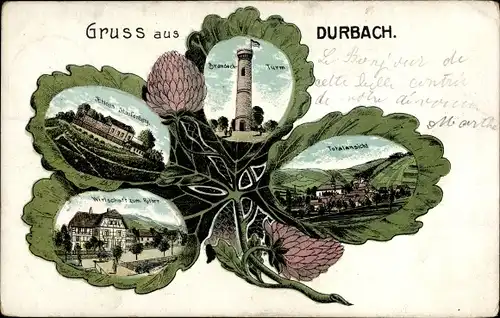 Kleeblatt Litho Durbach in Baden, Schloss, Wirtschaft zum Ritter, Totalansicht, Turm