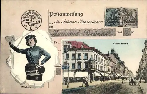 Passepartout Ak St. Johann Saarbrücken im Saarland, Bahnhofstraße, Postbotin