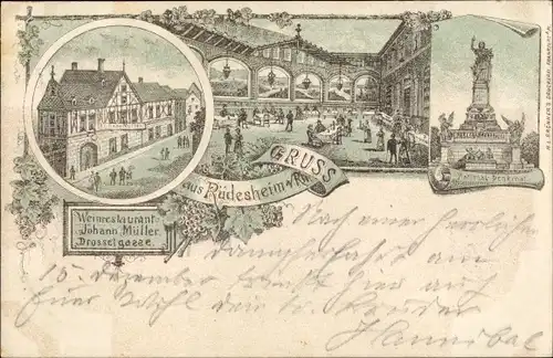 Litho Rüdesheim am Rhein, Niederwald Nationaldenkmal, Weinrestaurant, Drosselgasse
