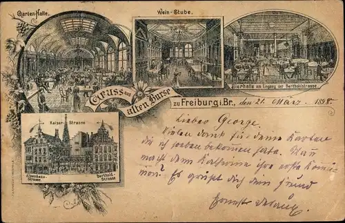 Litho Freiburg im Breisgau, Bierhalle am Eingang der Bertholdstraße, Kaiserstraße, alte Burse