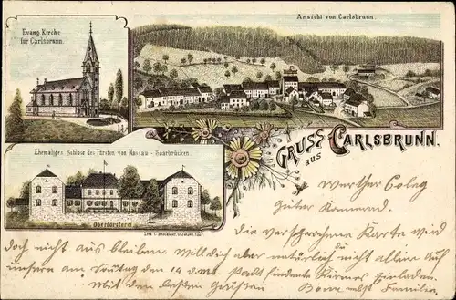 Litho Karlsbrunn Großrosseln im Saarland, Jagdschloss, Evangelische Kirche, Totalansicht