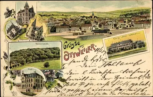Litho Ottweiler im Saarland, Lehrerseminar, Reiherswald, Post, Totalansicht