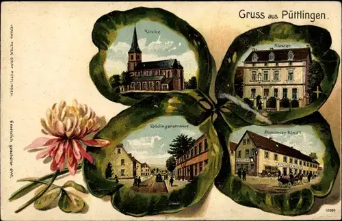 Präge Kleeblatt Litho Püttlingen im Saarland, Kloster, Gasthaus Münchner Kindl, Kirche