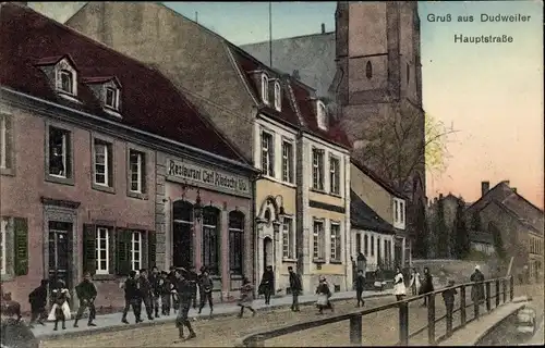Ak Dudweiler Saarbrücken im Saarland, Hauptstraße, Restaurant von Carl Riedschy, Kinder
