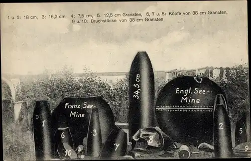 Ak Munition I. WK, Französ. u. engl. Seemine, Granaten, Köpfe und Bruchstücke