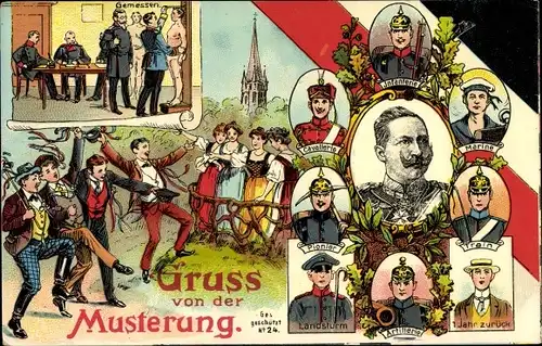Litho Musterung, Porträt Kaiser Wilhelm II., Messung, Infanterie, Kavallerie, Marine, Pionier