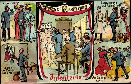 Litho Gruß von der Musterung, Infanterie, Sonntagabend, Wasser und Brot, Posten