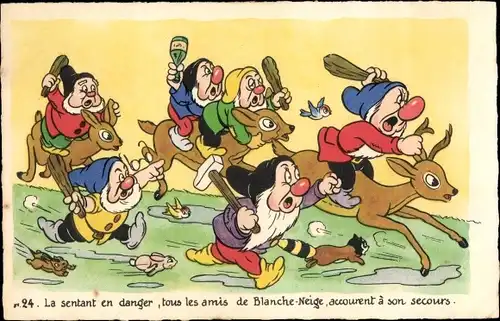 Künstler Ak Walt Disney, Die sieben Zwerge auf Rehen, Schneewittchen