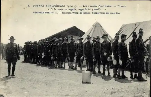 Ak Les Troupes Americaines en France, American Troops in France, supper time, mess tins, 1914-1917