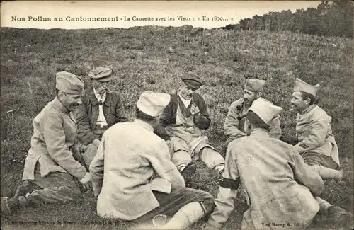 Ak Nos Poilus au Cantonnement, la Causette avec les Vieux, I WK