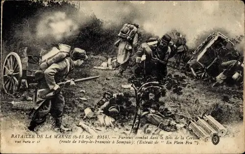 Ak Bataille de la Marne 1914, Furieux combat dans le Bois de la Certine, I WK