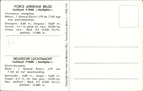 Ak Belgische Militärflugzeuge, Force Aerienne Belge, Lockheed F 104G Starfighter, FX40