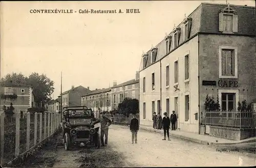 Ak Contrexéville Vosges, Café Restaurant A. Huel, Automobil