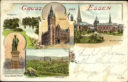 Litho Essen im Ruhrgebiet, Villa Hügel, Rathaus, Stadtgarten, Krupp-Denkmal, Münster-Kirche