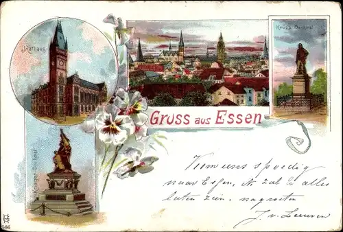 Litho Essen im Ruhrgebiet, Gesamtansicht, Rathaus, Krupp-Denkmal, Kriegerdenkmal