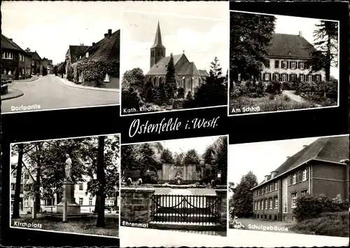 Ak Ostenfelde Ennigerloh in Westfalen, Dorfpartie, Kath. Kirche, Schloss, Kirchplatz, Ehrenmal