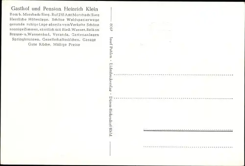 Ak Rom Morsbach im Oberbergischen Kreis, Gasthof und Pension Heinrich Klein, Panorama