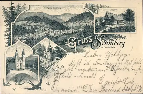 Litho Sonneberg in Thüringen, Schlossberg, Kirche, Stadtansicht