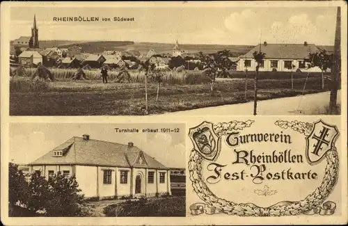Ak Rheinböllen Rheinland Pfalz, Turnverein, Festpostkarte, Turnhalle, Ortsansicht