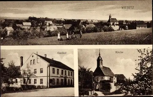 Ak Kiebitz Ostrau in Sachsen, Gasthof Kiebitz, Kirche, Totalansicht von Ort
