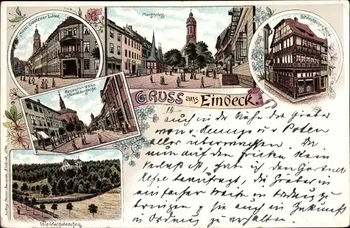 Litho Einbeck in Niedersachsen, Altdeutsches Haus, Marktplatz, Hotel Goldener Löwe, Waldschlösschen
