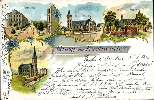 Litho Eschweiler Nordrhein Westfalen, St. Antonius Hospital, Rosenallee, Kirchen