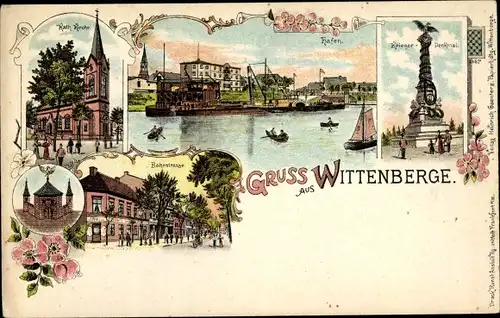 Litho Wittenberge an der Elbe Prignitz, Kriegerdenkmal, Hafen, Katholische Kirche, Bahnstraße