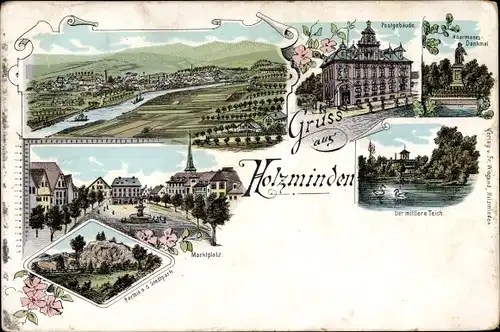 Litho Holzminden an der Weser, Der mittlere Teich, Marktplatz, Postgebäude, Denkmal, Stadtpark