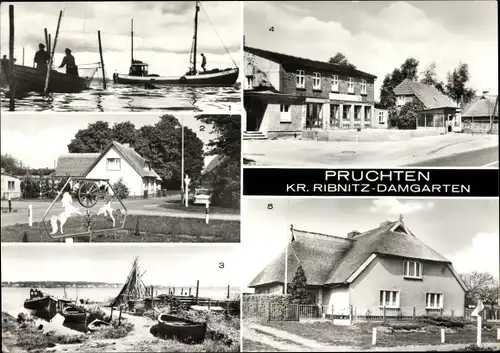 Ak Pruchten in Vorpommern, Boote am Bodden, an der Barthe, FDGB Gaststätte