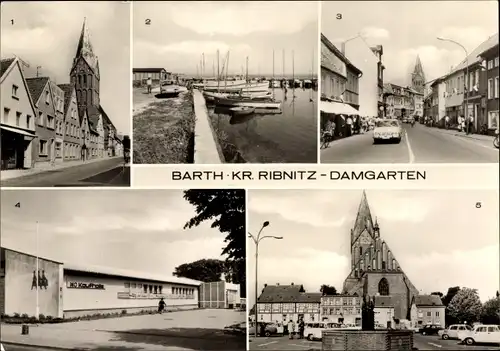 Ak Barth an der Ostsee, Dammstraße, Segelboothafen, Thälmannstraße, Kaufhalle, Marktplatz, St Marien