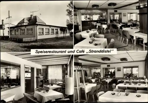 Ak Neuendorf auf der Insel Hiddensee, Restaurant und Café Stranddistel, Aussen- und Innenansicht