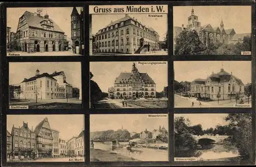 Ak Minden in Westfalen, Rathaus, Kreishaus, Dom, Stadttheater, Regierungsgebäude, Ressource, Markt