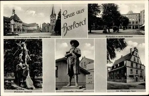 Ak Herford in Westfalen, Marktplatz, Volkshaus, Otto Weddingen Haus, Wittekind Denkmal, Kirche