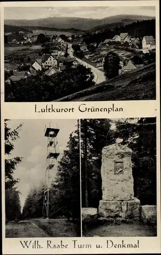 Ak Grünenplan Delligsen Niedersachsen, Wilh. Raabe Turm u. Denkmal, Panorama