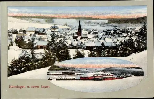 Ak Münsingen in Württemberg, Truppenübungsplatz, Neues Lager, Blick auf die Ortschaft im Winter