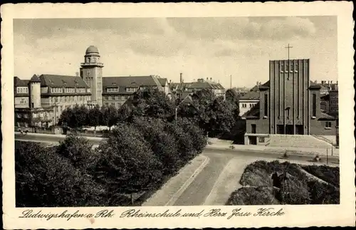 Ak Ludwigshafen am Rhein, Rheinschule und Herz Jesu Kirche