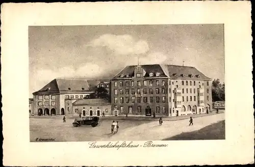 Künstler Ak Hansestadt Bremen, Gewerkschaftshaus, Jugendheim, Saalbau auf dem Kamp