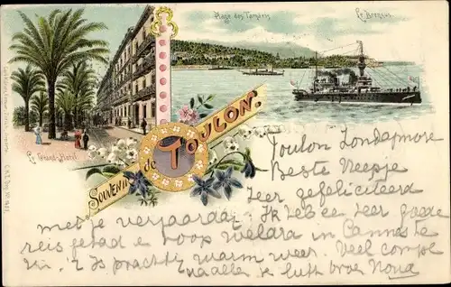 Litho Toulon Var, Le Grand Hotel, Place des Tamaris, cuirassé Brennus